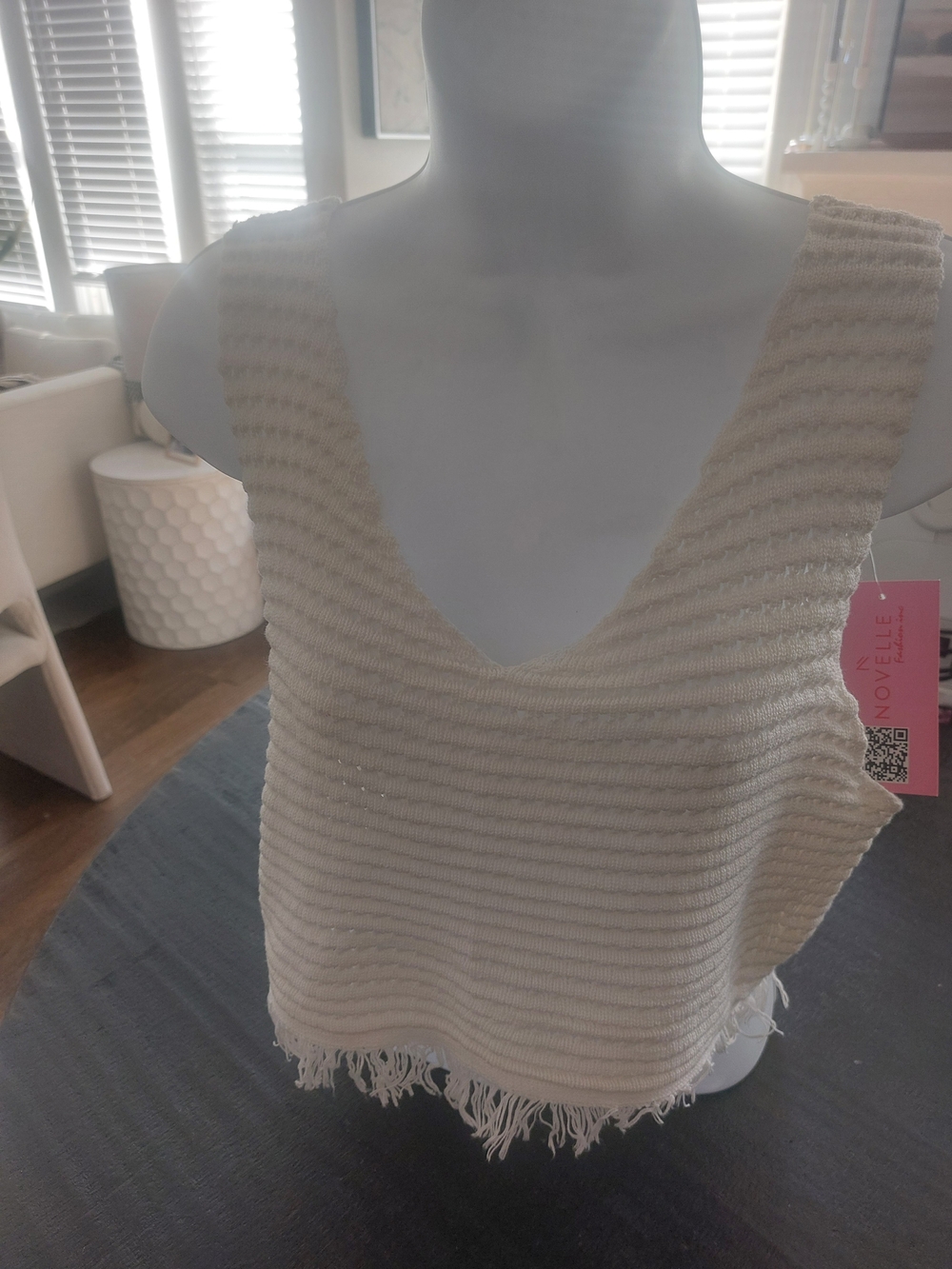 Cream Knit Cropped Tank with Fringe